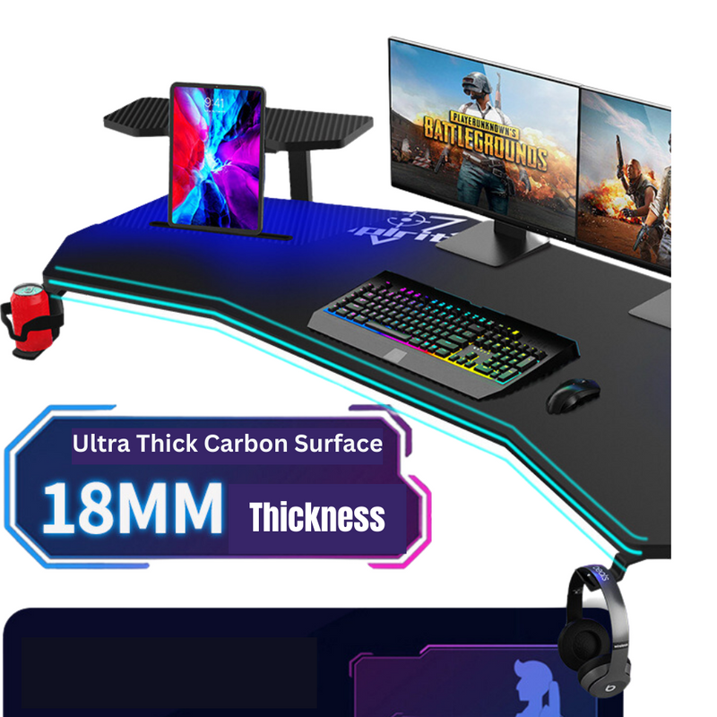 Load image into Gallery viewer, Ultra Wide Large Gaming Desk with RBG LED Lights Carbon Fiber Surface with Cup Holder & Headphone Hook - Polar Tech Australia