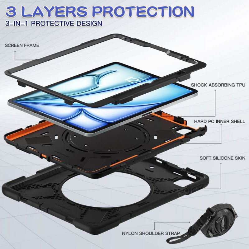 Cargue la imagen en el visor de la galería, Apple iPad Air 13 (2024) 13.0" Heavy Duty Rugged Shockproof With Shoulder Strap & Handle Stand Ring - Polar Tech Australia