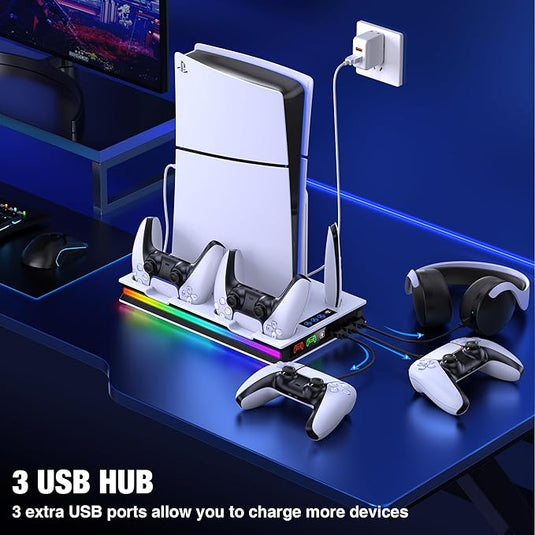 SONY PlayStation PS5 Slim & PS5 Pro - All-in-one Multifunction Charging Stand with Cooling Fan & RBG Light Effect - Polar Tech Australia