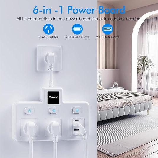 Multi-function Socket Power Strip Extension Board 2 Outlets + 2 USB + 2 USB-C PD 20W - Polar Tech Australia