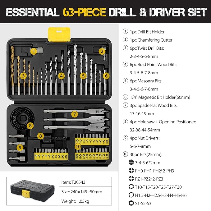 Chargez l'image dans la visionneuse de la galerie, Hi-Spec 63 in 1 Multi Steel Drill Bits & Screw Nut Driver Bit Set Drilling Metal, Wood, Brick & Concrete Accessories With Storage Case - Polar Tech Australia