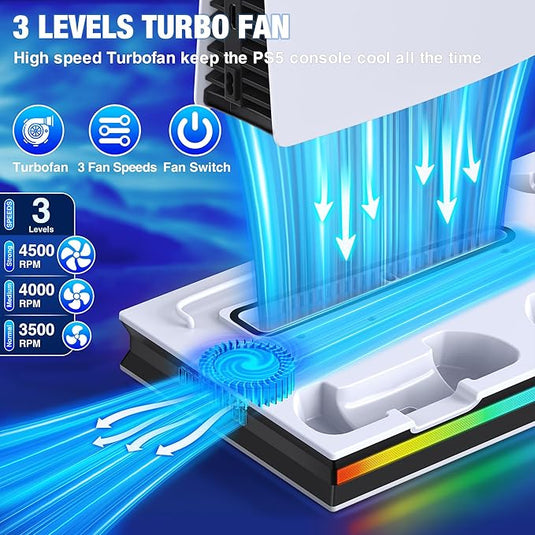 SONY PlayStation PS5 Slim & PS5 Pro - All-in-one Multifunction Charging Stand with Cooling Fan & RBG Light Effect - Polar Tech Australia
