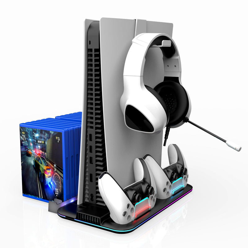 Cargue la imagen en el visor de la galería, SONY PlayStation PS5 Slim & PS5 Pro - All-in-one Multifunction Charging Stand with Cooling Fan & RBG Light Effect & Disc Storage - Polar Tech Australia