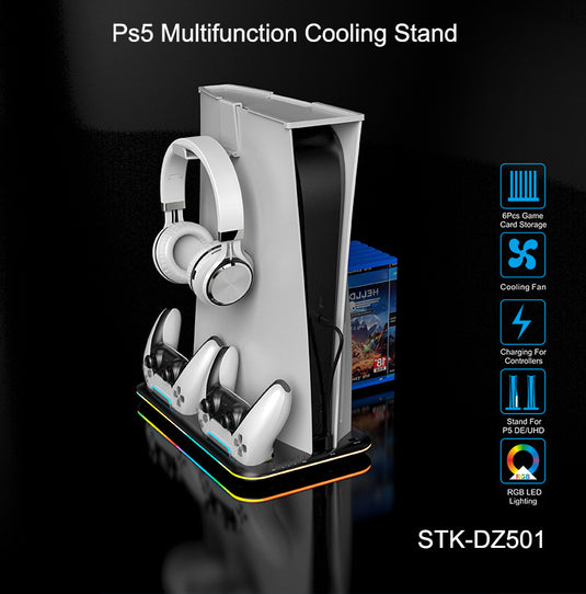 SONY PlayStation 5 / PS5 All-in-one Multifunction Charging Stand with Cooling Fan & RBG Light Effect & Disc Storage - Polar Tech Australia