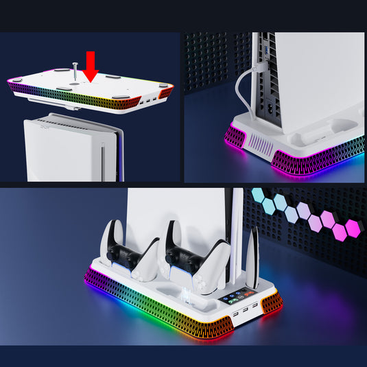 SONY PlayStation PS5 Slim & PS5 Pro - All-in-one Multifunction Charging Stand with Cooling Fan & RBG Light Effect - Polar Tech Australia