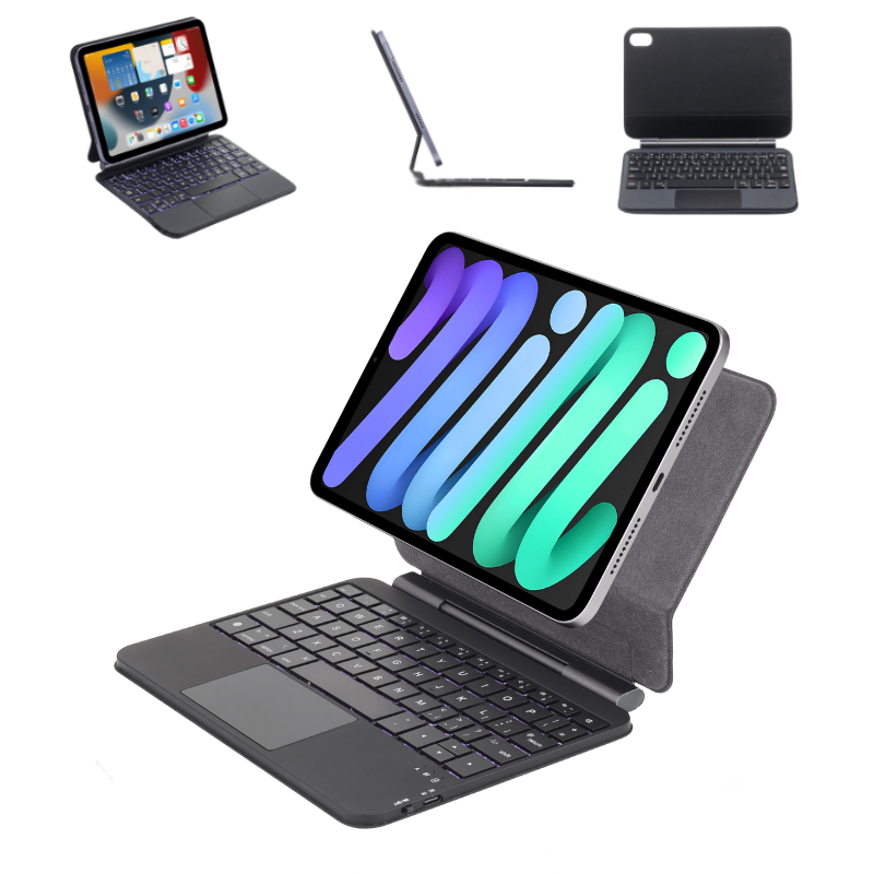 Cargue la imagen en el visor de la galería, KIBO Apple iPad Mini 8.3'' 6/7th Gen (2021/2024) - Easy-Set Floating Cantilever Stand Precision Multi-Touch Trackpad Smart Wireless Keyboard Case With Backlit Keys