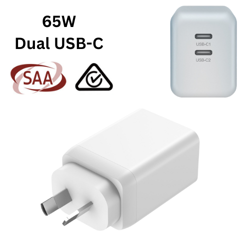 65W Max PD Dual USB-C Port iPhone 16 Wall Travelling Charger Adapter - (SAA Approved/AU Plug) - Polar Tech Australia