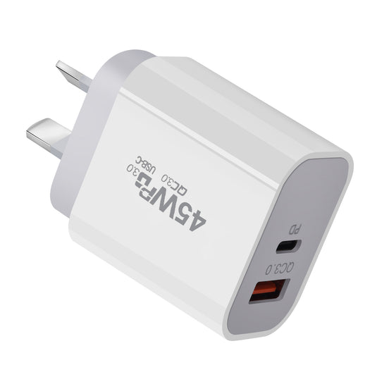 45W PD Type-C + QC 3.0 USB Dual Port Wall Travelling Charger Adapter-  (SAA Approved/AU Plug) - Polar Tech Australia