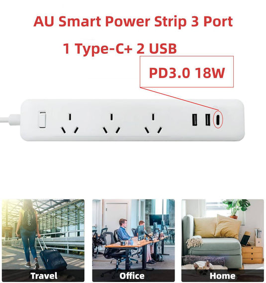 Multi-function Socket Power Strip Extension Board 3 Outlets + 2 USB + 1 USB-C PD SAA - Polar Tech Australia