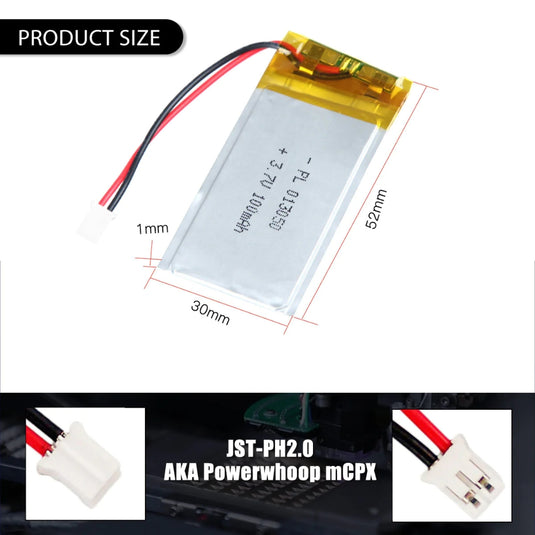 [PH2.0-JST Connector][013050] Universal 100mAh 3.7V Rechargeable Li-Ion Lithium Polymer Battery - Polar Tech Australia