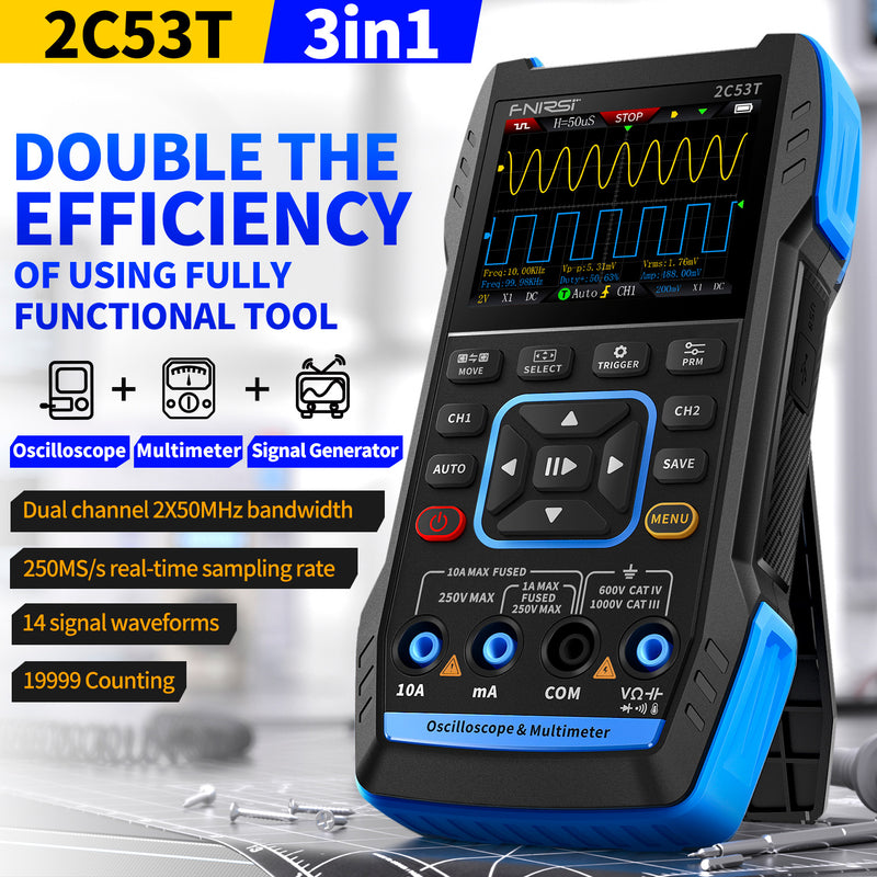 Chargez l&#39;image dans la visionneuse de la galerie, [2C53T] FNIRSI 50MHz 250MS/s Handheld 3in1 Oscilloscope Multimeter Signal Generator
