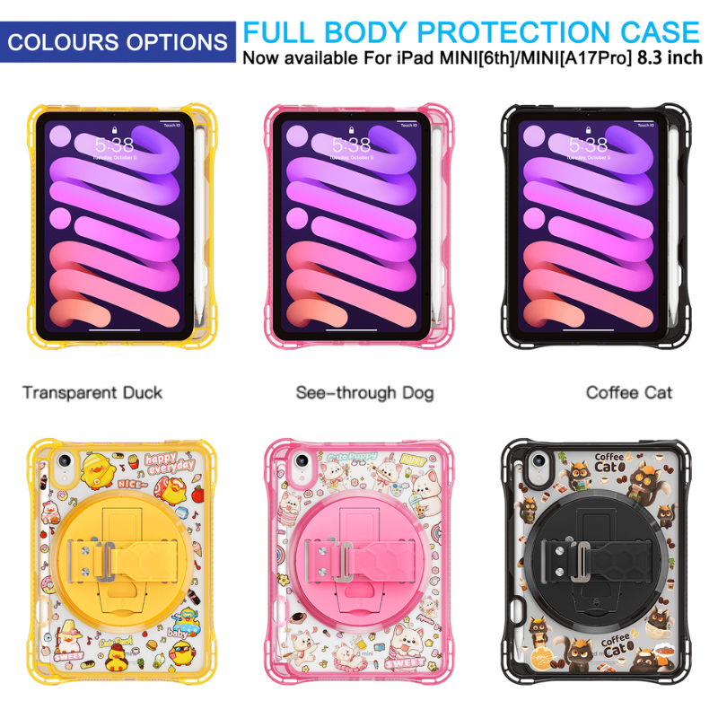 Cargue la imagen en el visor de la galería, [Built-in Pen Slot][With Shoulder Strap] Apple iPad Mini 6/7 8.3&#39;&#39; 6/7th Gen (2021/2024) Cartoon Kids Transparent Anti-Drop Protective Stand Case
