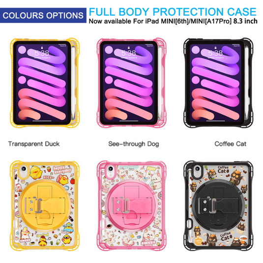 [Built-in Pen Slot][With Shoulder Strap] Apple iPad Mini 6/7 8.3'' 6/7th Gen (2021/2024) Cartoon Kids Transparent Anti-Drop Protective Stand Case
