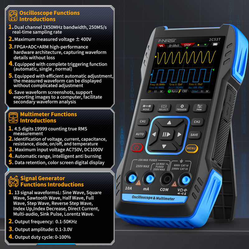 Chargez l&#39;image dans la visionneuse de la galerie, [2C53T] FNIRSI 50MHz 250MS/s Handheld 3in1 Oscilloscope Multimeter Signal Generator
