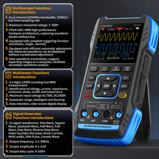 [2C53T] FNIRSI 50MHz 250MS/s Handheld 3in1 Oscilloscope Multimeter Signal Generator