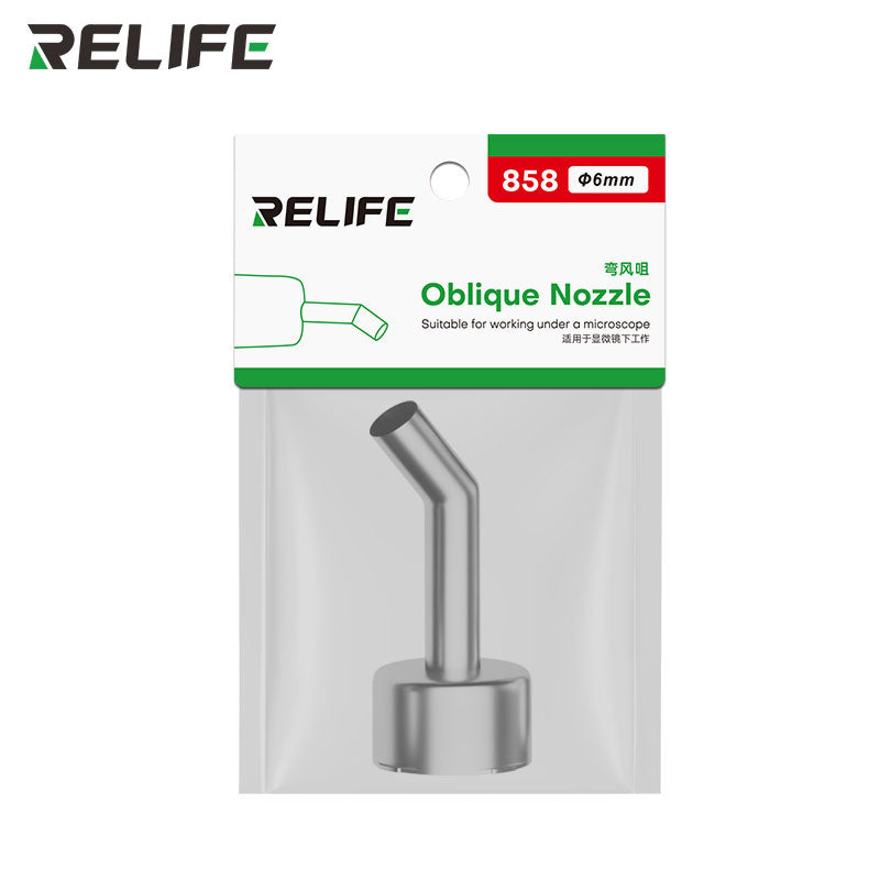 Load image into Gallery viewer, RELIFE 858 Series 45° Curved Hot Air Nozzle – Stainless Steel, Microscope-Compatible, Leak-Proof Design
