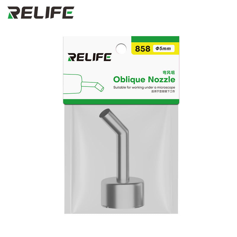 Load image into Gallery viewer, RELIFE 858 Series 45° Curved Hot Air Nozzle – Stainless Steel, Microscope-Compatible, Leak-Proof Design
