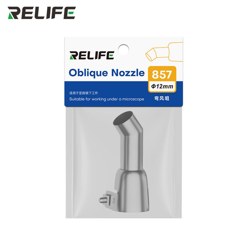 Load image into Gallery viewer, RELIFE 857 Series 45° Bent Hot Air Gun Nozzle – Stainless Steel, Microscope-Ready, Leak-Free Design
