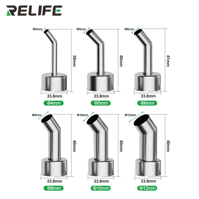 Load image into Gallery viewer, RELIFE 858 Series 45° Curved Hot Air Nozzle – Stainless Steel, Microscope-Compatible, Leak-Proof Design
