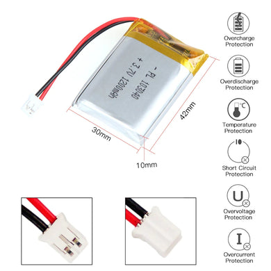 [PH2.0-JST Connector][103040] Universal 1200mAh 3.7V Rechargeable Li-Ion Lithium Polymer Battery - Polar Tech Australia