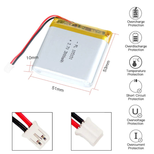 [PH2.0-JST Connector][105151] Universal 3000mAh 3.7V Rechargeable Li-Ion Lithium Polymer Battery - Polar Tech Australia