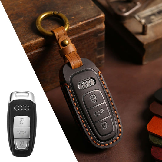 Audi Handcrafted Genuine Leather Car Key Fob Case Cover For A3, A4, A5, A6, A8, Q2, Q5, Q7, Q8, e-tron