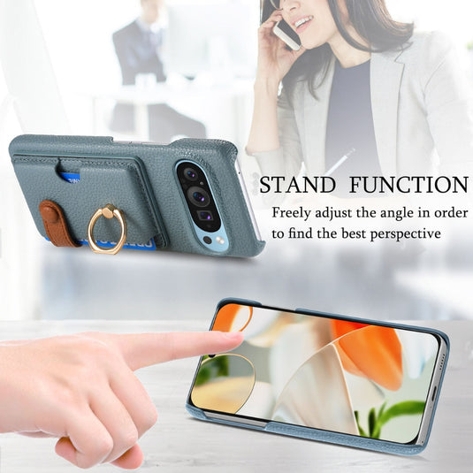 Google Pixel 10 / 10 Pro - Retro PU Leather Shockproof Phone Case with Ring Holder & Card Slot