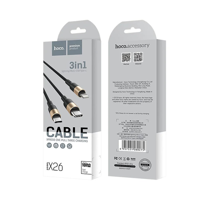 Cargue la imagen en el visor de la galería, [X26][3 in 1][1M][Heavy Duty] HOCO Universal Traveling Fast Charging Data Sync USB Cable For USB-C / Lightning / Micro Phone &amp; Tablet Device - Polar Tech Australia
