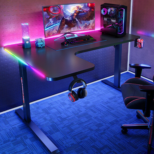 Large Left Corner Gaming Desk with RBG LED Lights Carbon Fiber Surface with Cup Holder & Headphone Hook - Polar Tech Australia