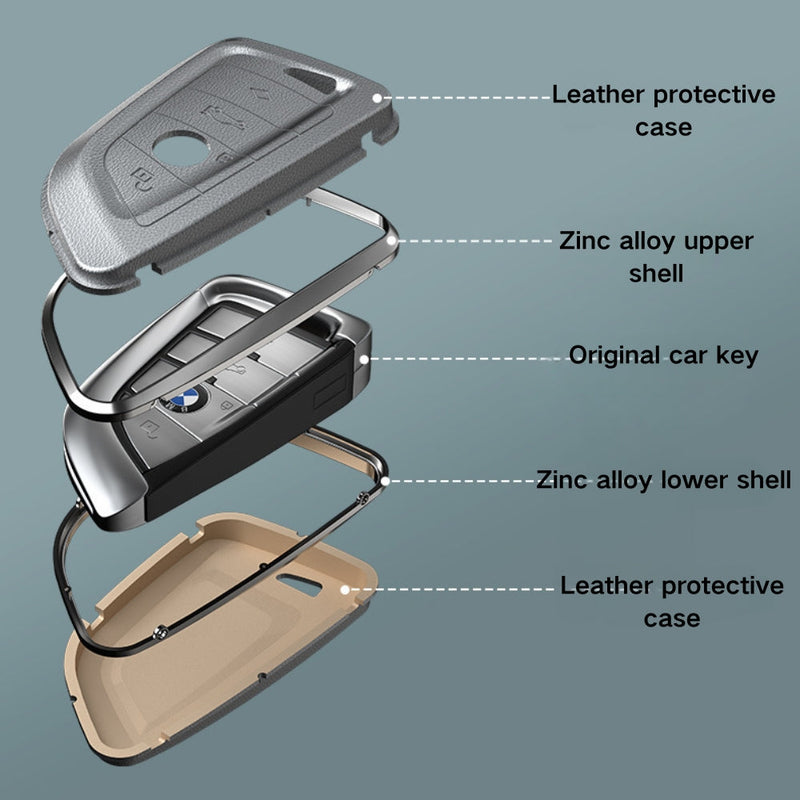 Cargue la imagen en el visor de la galería, BMW Zinc Alloy + Leather Protection Car Key Fob Case Cover For 1, 2, 3, 5, 7 Series, X3, X5, X6

