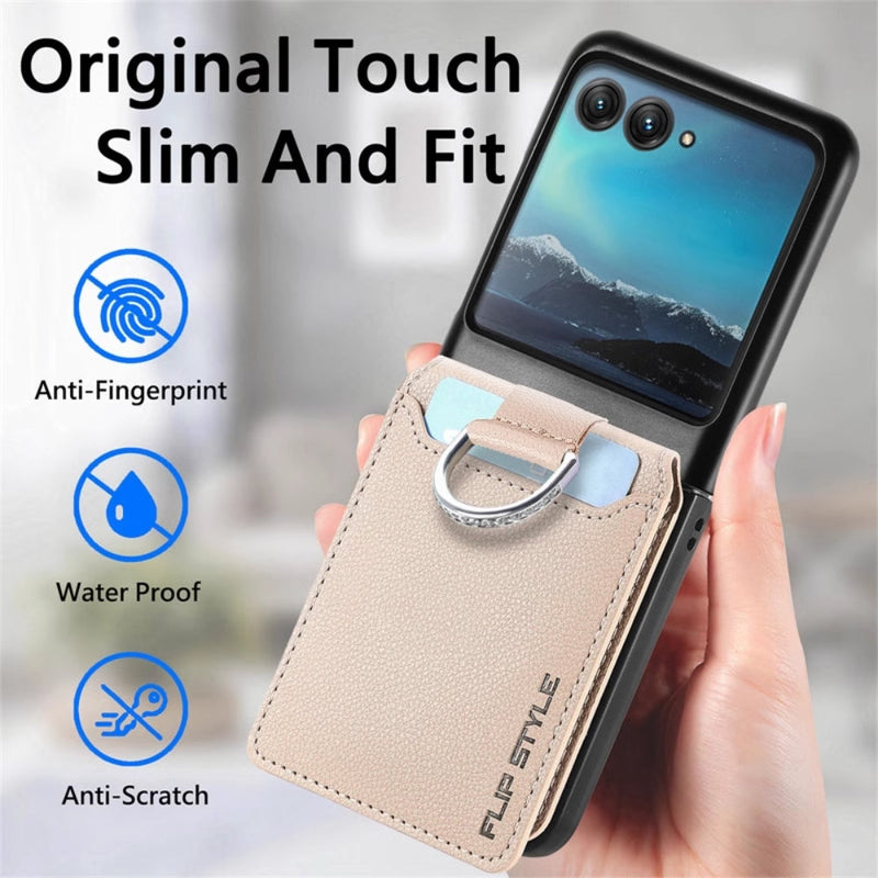 Cargue la imagen en el visor de la galería, [With Card Slot] Motorola Razr 50/Ultra - Litchi Texture Leather Ring Wallet Phone Case - Polar Tech Australia
