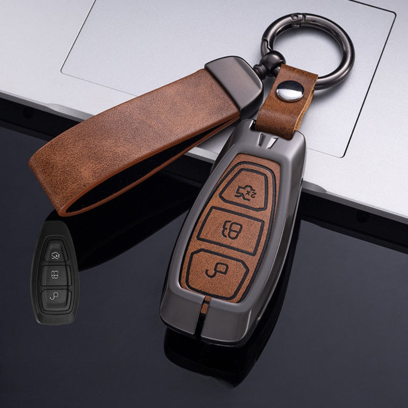 Load image into Gallery viewer, Ford Zinc Alloy Leather Folding Car Key Fob Case Cover For Ranger, Mustang, Everest, Escape, Puma, Transit, Focus, Fiesta, Ranger Raptor, Mondeo
