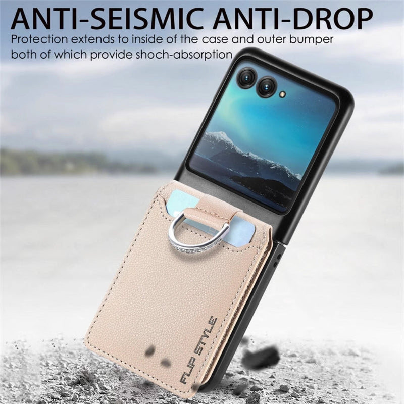 Cargue la imagen en el visor de la galería, [With Card Slot] Motorola Razr 40/Ultra - Litchi Texture Leather Ring Wallet Phone Case - Polar Tech Australia
