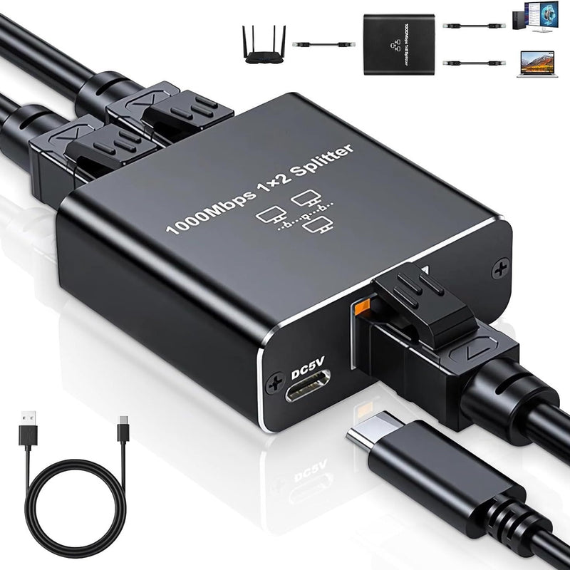 Chargez l&#39;image dans la visionneuse de la galerie, 3 Ports Ethernet RJ45 Splitter 1 In / 2 Out, 1000Mbps High Speed With USB-C Port - Polar Tech Australia
