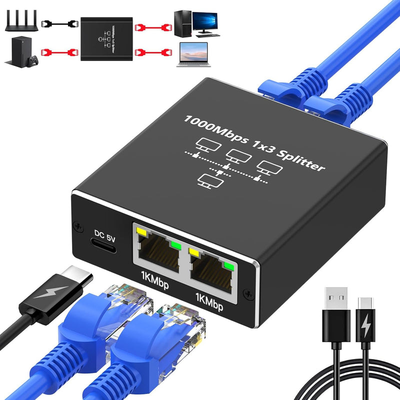 Chargez l&#39;image dans la visionneuse de la galerie, 4 Ports Ethernet RJ45 Splitter 1 In / 3 Out 1000Mbps High Speed With USB-C Port - Polar Tech Australia
