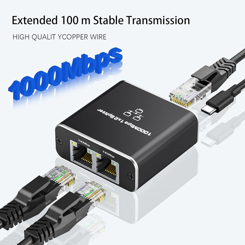 Chargez l&#39;image dans la visionneuse de la galerie, 3 Ports Ethernet RJ45 Splitter 1 In / 2 Out, 1000Mbps High Speed With USB-C Port - Polar Tech Australia
