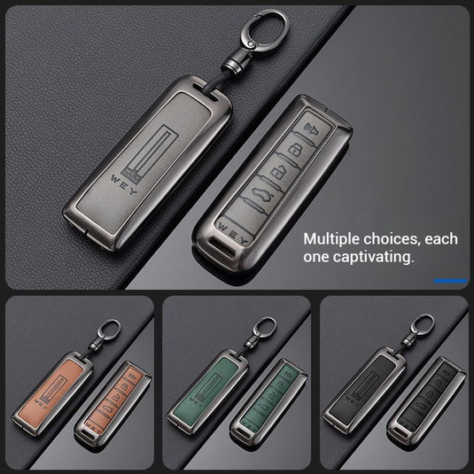 Great Wall Zinc Alloy + PU Leather Car Key Fob Case Cover For WEY VV5, VV6, VV7, Mocha