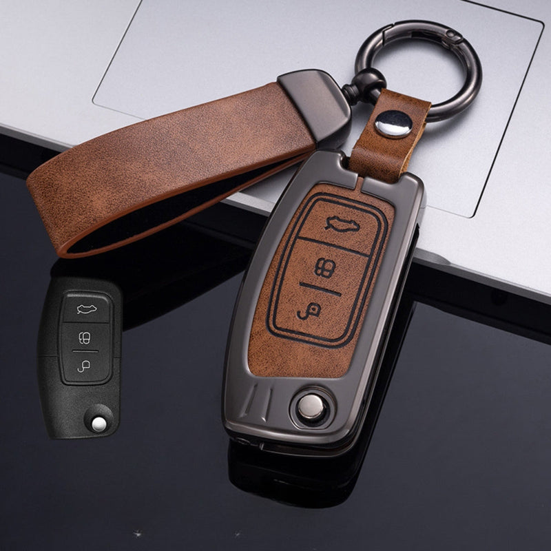 Load image into Gallery viewer, Ford Zinc Alloy Leather Folding Car Key Fob Case Cover For Ranger, Mustang, Everest, Escape, Puma, Transit, Focus, Fiesta, Ranger Raptor, Mondeo
