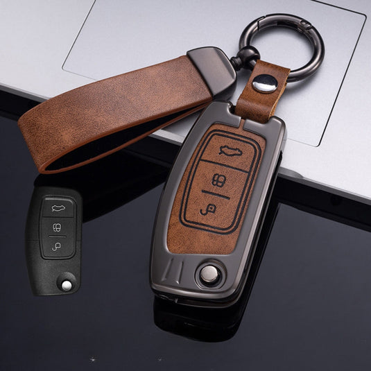 Ford Zinc Alloy Leather Folding Car Key Fob Case Cover For Ranger, Mustang, Everest, Escape, Puma, Transit, Focus, Fiesta, Ranger Raptor, Mondeo
