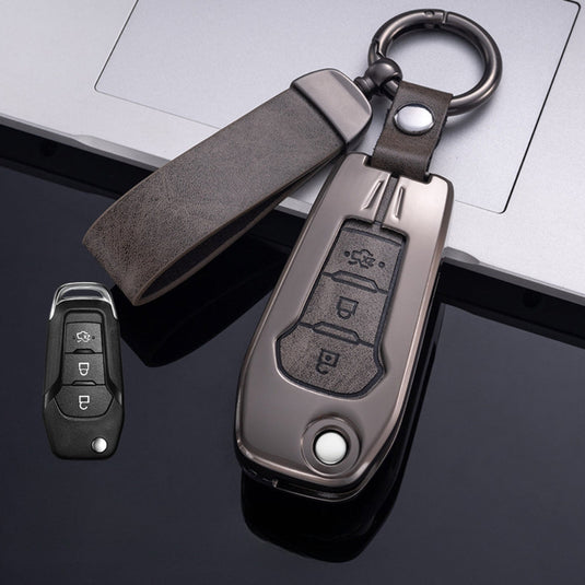 Ford Zinc Alloy Leather Folding Car Key Fob Case Cover For Ranger, Mustang, Everest, Escape, Puma, Transit, Focus, Fiesta, Ranger Raptor, Mondeo