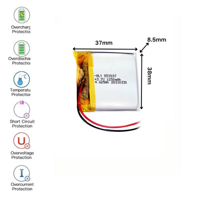 [PH2.0-JST Connector][853837] Universal 1250mAh 3.7V Rechargeable Li-Ion Lithium Polymer Battery - Polar Tech Australia