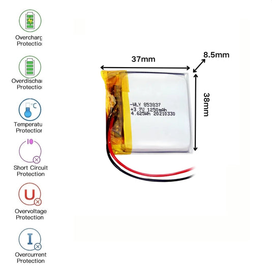 [PH2.0-JST Connector][853837] Universal 1250mAh 3.7V Rechargeable Li-Ion Lithium Polymer Battery - Polar Tech Australia