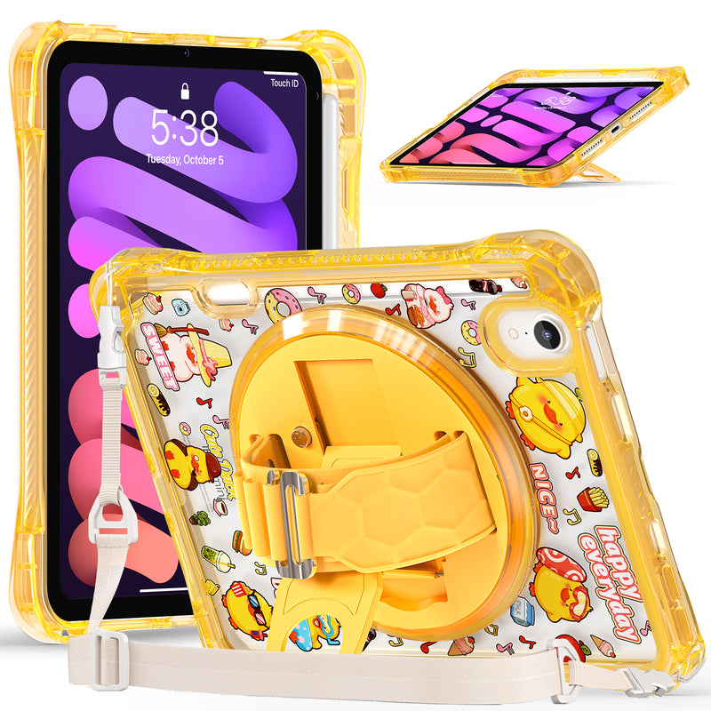 Cargue la imagen en el visor de la galería, [Built-in Pen Slot][With Shoulder Strap] Apple iPad Mini 6/7 8.3&#39;&#39; 6/7th Gen (2021/2024) Cartoon Kids Transparent Anti-Drop Protective Stand Case
