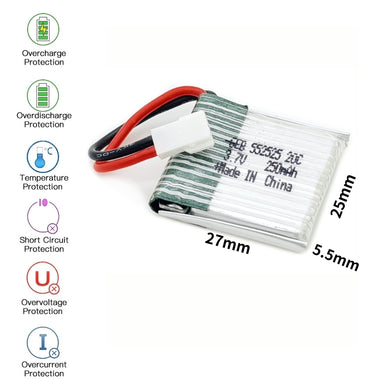 [PH2.0-JST Connector][552525] Universal 250mAh 3.7V Rechargeable Li-Ion Lithium Polymer Battery - Polar Tech Australia