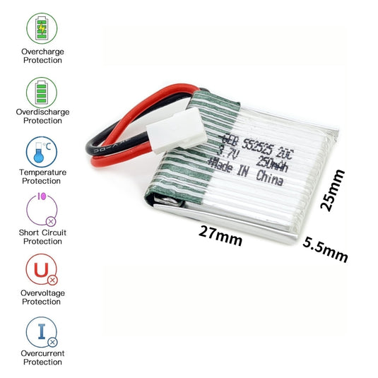 [PH2.0-JST Connector][552525] Universal 250mAh 3.7V Rechargeable Li-Ion Lithium Polymer Battery - Polar Tech Australia