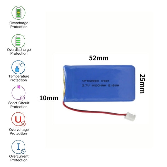 [PH2.0-JST Connector][102550] Universal 1400mAh 3.7V Rechargeable Li-Ion Lithium Polymer Battery - Polar Tech Australia