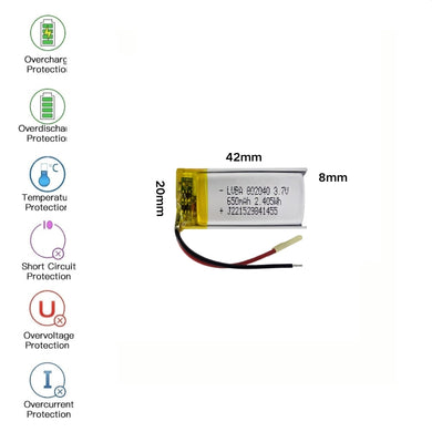 [PH2.0-JST Connector][802040] Universal 650mAh 3.7V Rechargeable Li-Ion Lithium Polymer Battery - Polar Tech Australia