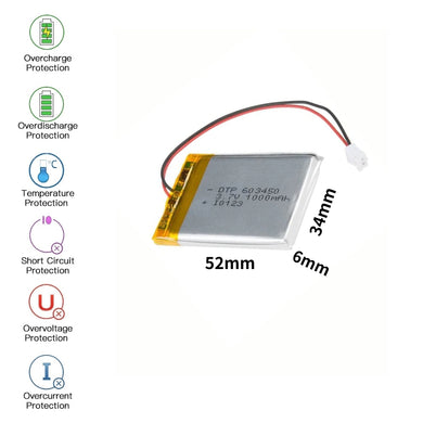 [PH2.0-JST Connector][603450] Universal 1000mAh 3.7V Rechargeable Li-Ion Lithium Polymer Battery - Polar Tech Australia