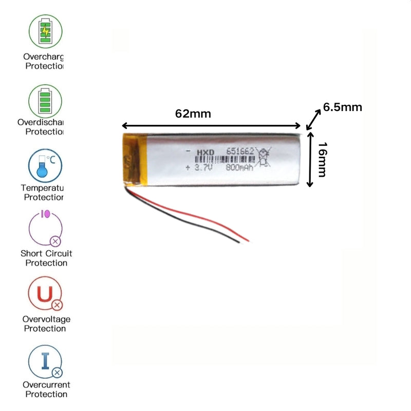 Cargue la imagen en el visor de la galería, [PH2.0-JST Connector][651662] Universal 800mAh 3.7V Rechargeable Li-Ion Lithium Polymer Battery - Polar Tech Australia
