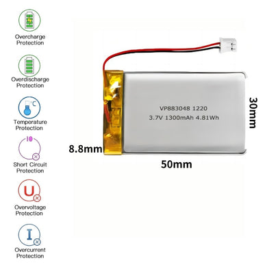 [PH2.0-JST Connector][883048] Universal 1300mAh 3.7V Rechargeable Li-Ion Lithium Polymer Battery - Polar Tech Australia